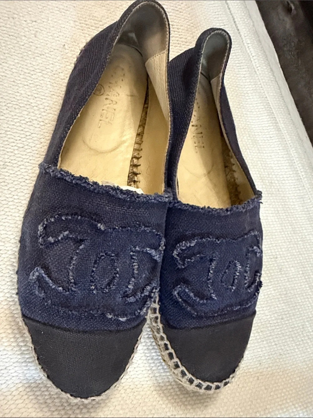 CHANEL Navy Canvas Espadrille Flats with Interlocking CC